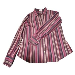 Liz & Co Petite Stretch Button Down Shirt PM Burgundy Purple Striped Long Sleeve